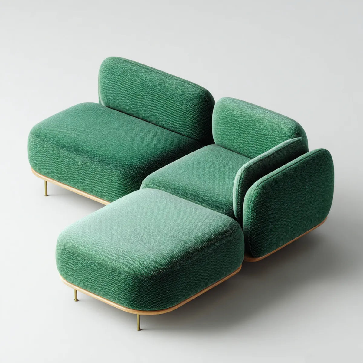 Set divano modulare 3 pezzi verde in poliestere con chaise longue poltrona e pouf 240 x 160 x 78 cm