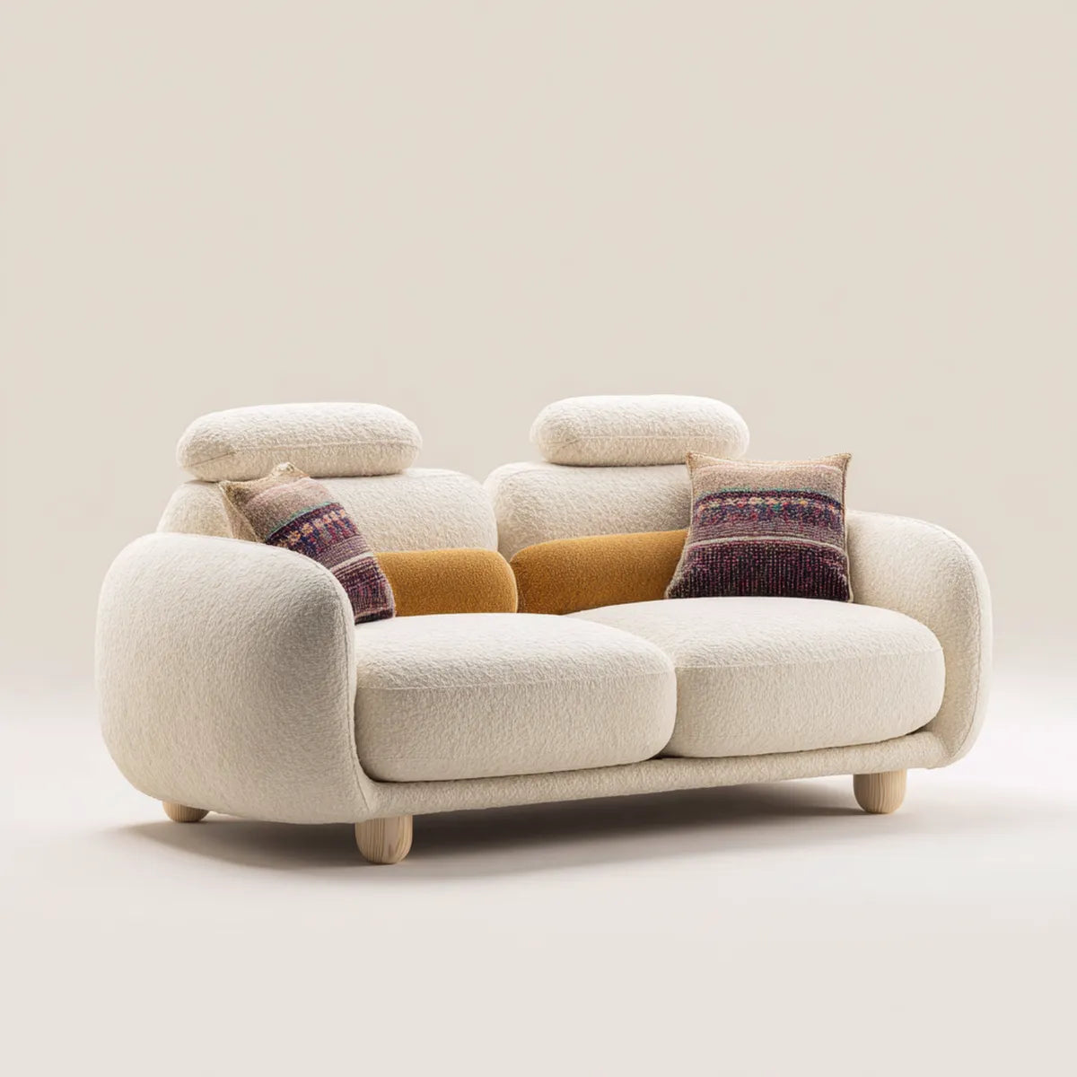 Divano 2 posti curvo crema in poliestere bouclé 180 x 90 x 85 cm