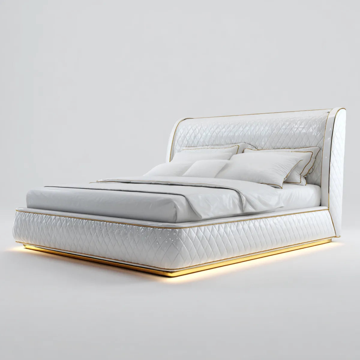 Letto matrimoniale imbottito bianco e oro 180 x 200 cm in similpelle PU con testiera curva trapuntata