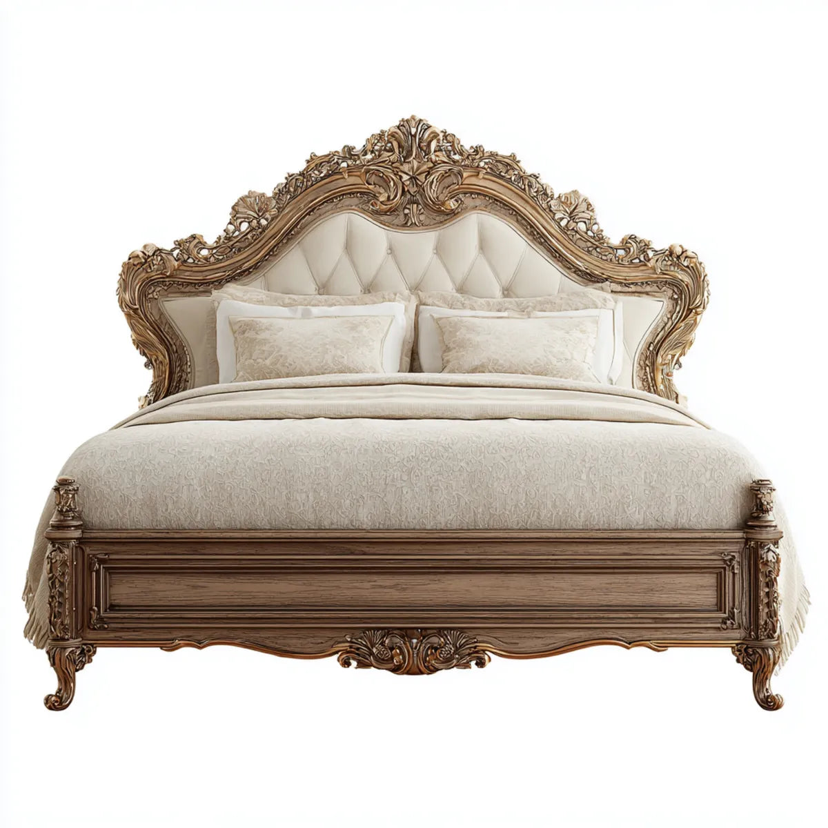 Letto matrimoniale classico avorio e bronzo 180 x 200 cm in legno ingegnerizzato con testiera imbottita sagomata