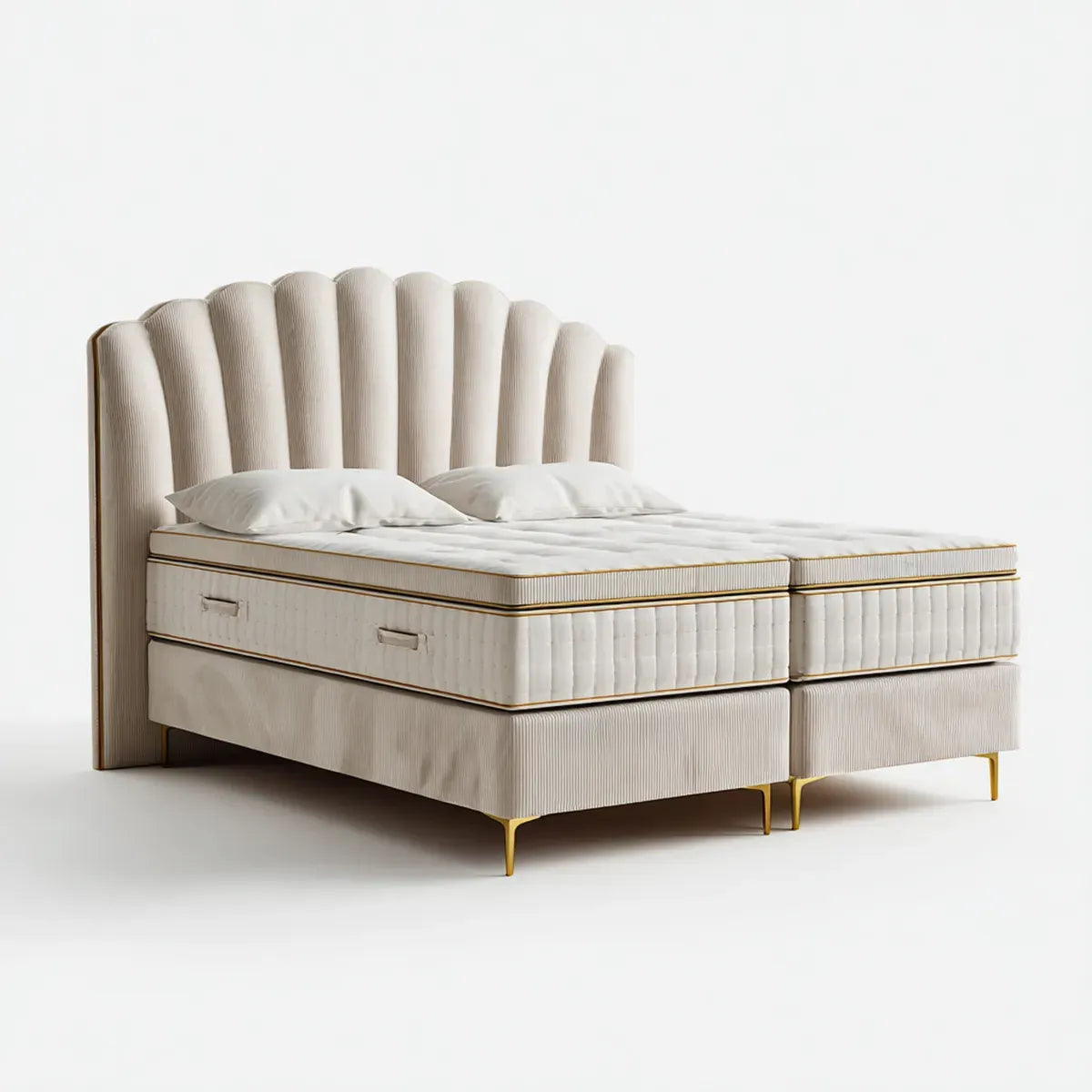 Letto matrimoniale boxspring beige 180 x 200 cm con testiera sagomata in poliestere e gambe in acciaio