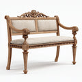 Panca da ingresso a 2 posti beige in legno massello di caucciù 120 x 55 x 105 cm con schienale rettangolare e braccioli intagliati