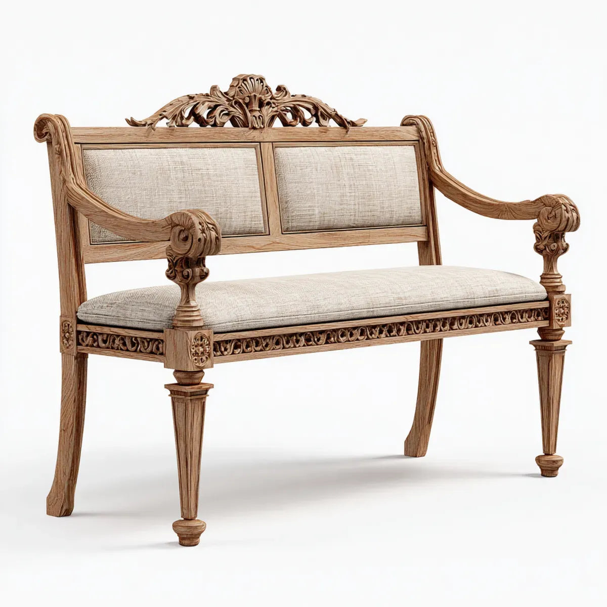 Panca da ingresso a 2 posti beige in legno massello di caucciù 120 x 55 x 105 cm con schienale rettangolare e braccioli intagliati