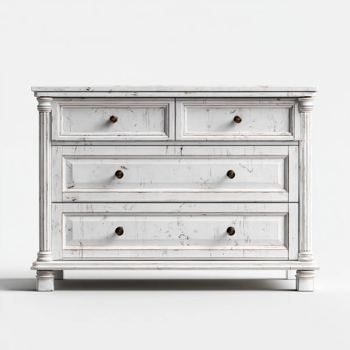 Cassettiera bianca anticato a 4 cassetti in pino massello rettangolare 120 x 45 x 95 cm