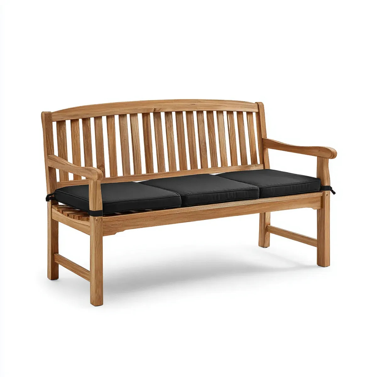 Panca da ingresso 3 posti in teak naturale con cuscini neri rettangolare 150 x 65 x 95 cm